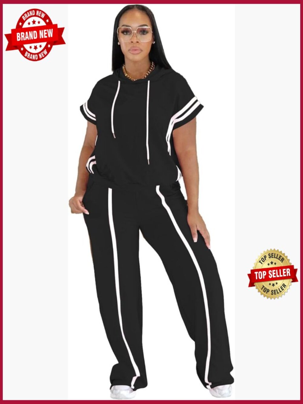 Two Piece Lounge Set - Short Sleeve Hoodie & Joggers